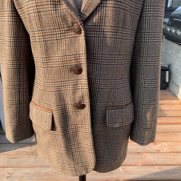 Vintage 70s Tweed Plaid Faux Suede Elbow Patch 3 Button Blazer Jacket - Picture 3 of 16